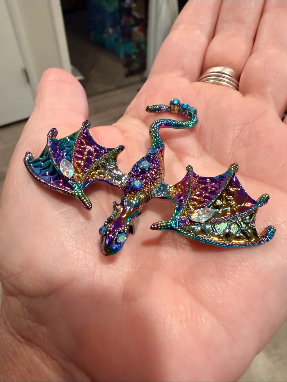 Iridescent Enamel Dragon Brooch with AB Rhinestones